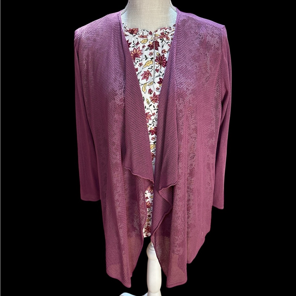Chic Plum Women's Open Stitch Drape Front 3/4 Sleeves Cozy Feel Texture